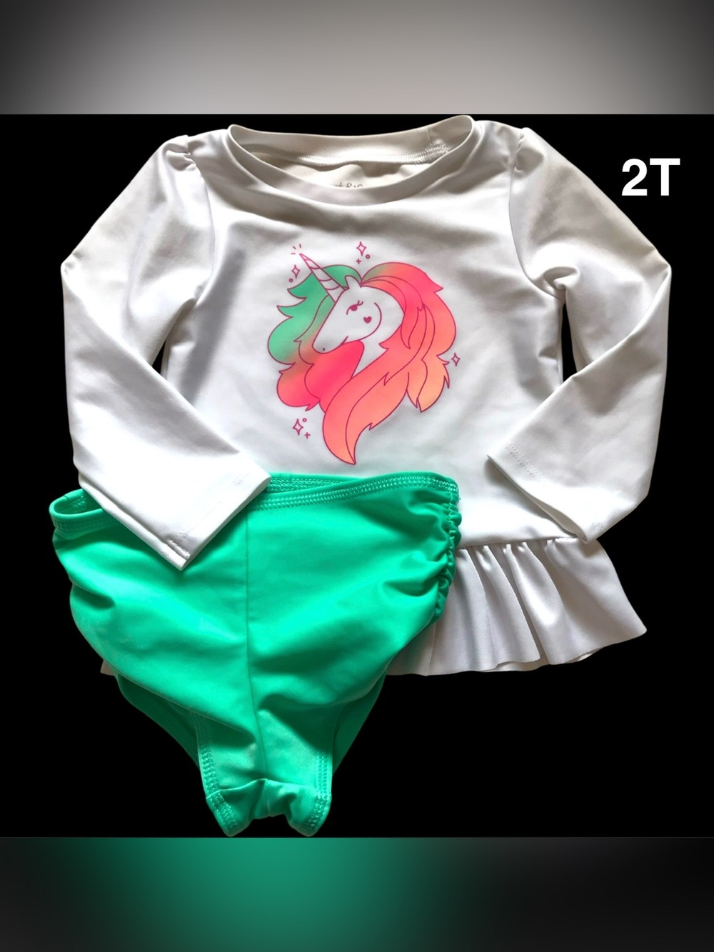 Unicorn White and Green Swimsuit Set Size 2T